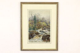 River Rapids & Forest Vintage Original Watercolor Painting Signed 22" #41248