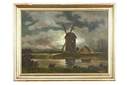 Village Windmill At Night Vintage Original Oil Painting, 1952 Koczyba 25" #41657