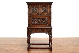 English Tudor Carved Oak Antique Drop Front Secretary or Hall Desk #41909