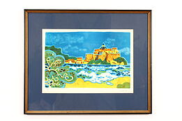 Ocean Island with Village Vintage Original Lithograph, Guy Charon 28" #42246