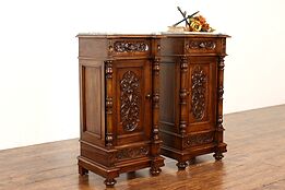 Pair of Italian Antique Walnut Nightstands or End Tables, Marble Tops #42039