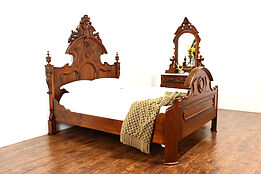 Victorian Renaissance Antique Walnut 2 Pc Bedroom Set, Marble, Queen Bed #42150