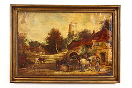 Italian Village Farmhouse, Castle & Villagers Antique Oil Painting 41" #42313