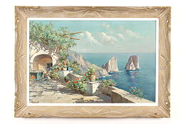 Capri Coastline Vintage Italian Original Oil Painting, Salvati 42" #42247