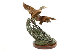 Mallard Ducks in Flight Vintage Bronze Sculpture, Walnut Base, K R Bird #41643
