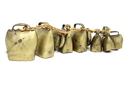 Farmhouse Set of 10 Vintage Hand Hammered Cow Bells, Leather Strap #42128