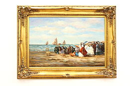 Victorian Ocean Beach Scene Vintage Original Oil Painting, Gallet 46.5" #42086