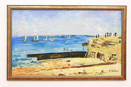 Beach, Cliff & Sailboats Vintage Original Oil Painting Windham 54" #42129