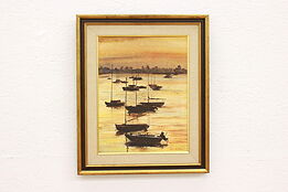 Harbor with Boats at Sunset Vintage Original Oil Painting, Hutchinson 24" #42073