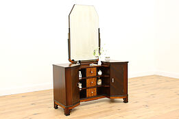 Art Deco Vintage Walnut & Curly Maple Vanity or Dressing Table & Mirror  #42543