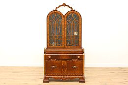 Art Deco Waterfall Vintage Walnut China or Display Cabinet, Bookcase #42007
