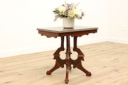 Victorian Eastlake Antique Marble Top Carved Walnut Parlor or Hall Table #42316
