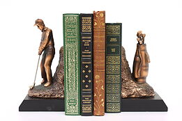 Pair of Coppery Bronze Finish Vintage Golfer & Bag Bookends #42653