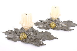 Pair of Traditional Antique Cast Iron Floral Candle Holders #42525