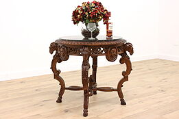 Renaissance Antique Walnut Hall or Lamp Table, Marble Top, Ram Heads #42034