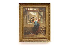Victorian Courting Couple & Cat Antique Original Oil Painting 24" #42551