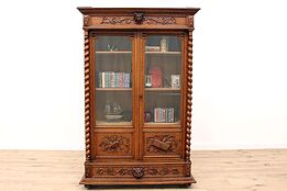 Black Forest Antique Renaissance Carved Oak Office Bookcase Display Case #42058