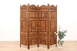 Indian Hand Carved Teak Vintage 4 Panel Screen, Leaf Motifs  #41584