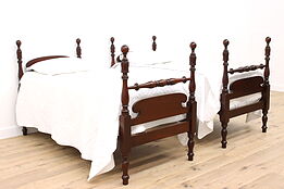 Pair of Georgian Design Antique Carved Mahogany Twin Poster Beds #42533
