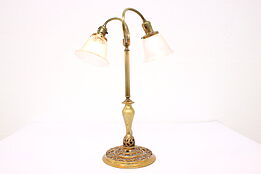 Traditional Vintage Brass Filigree Double Office or Library Desk Lamp #42017