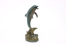 Spinning Dolphin on Ocean Waves Vintage Bronze Sculpture, Claudio #42629
