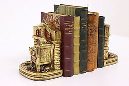 Pair of Antique Man Old Reading By Fireplace Bookends, Allen Armor Bronze #42658