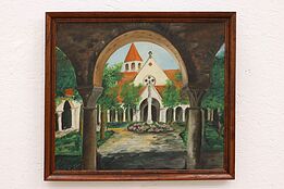 Sunny Church Courtyard Vintage Danish Original Oil Painting Signed 23.5"  #42549