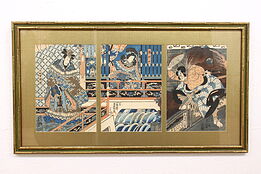 Japanese Kabuki Antique Woodblock Triptych Scene Prints 38" #42628