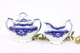Victorian Antique Oregon Flow Blue China Sugar & Creamer Set Johnson Bros #42949