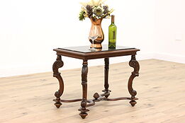 Marble Top Antique Renaissance Walnut Coffee Table, Carved Legs  #42866