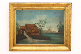 Mill with Wheel & Stream Antique Oil Painting, Gilt Oak Frame 31" #40686