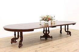 Austrian Antique Walnut 57" Round Dining Table, Carved Base, Extends 12' #38079