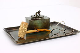 Antique Art Deco Bronze & Copper Desk Top Inkwell & Tray, Lion, Just #41318