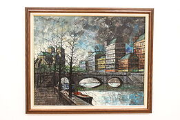 Paris Scene Bridge over Seine Vintage Original Oil Painting 41.5" #42286