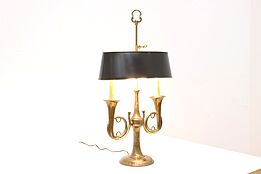 Tole Vintage Brass Office or Library Desk Lamp, Hunting Horns Base #42652
