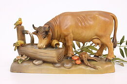 Hand Carved Vintage Painted Dairy Cow Drinking Alpine Sculpture #40963