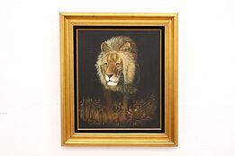 Portrait of Prowling Lion Vintage Original Oil Painting, Cutrona 32" #42510