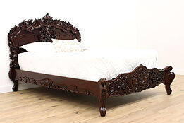 Asian Vintage Carved Mahogany Queen Size Bed, Floral Motifs #41958