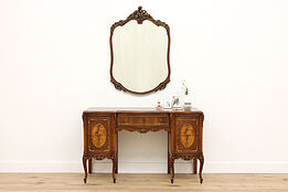French Design Vintage Carved & Marquetry Vanity or Desk with Mirror #43146