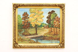 Cabin in an Autumn Forest Vintage Original Oil Painting, Signed 29.5" #42911