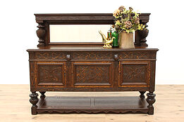 Tudor Antique Carved Oak Sideboard, Server, Bar or Buffet, Mirror #42195