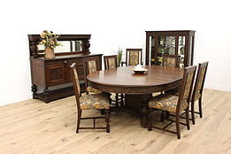 Tudor Antique Carved Oak 60" Dining Table, 6 Leaves Extends 11' #42149