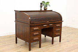 Traditional Antique Oak C Shape Roll Top Office or Library Desk #43152