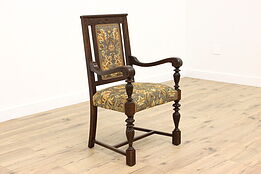 Tudor Antique Quarter Sawn Oak Dining Chair, New Upholstery #43175