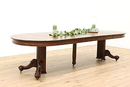 Victorian Antique Round Oak 48" Dining Table, 6 Leaves, Ball & Claw Feet #42721