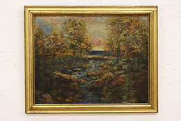 Lakeside Cabin in The Woods Antique Original Oil Painting, Richards 21" #43121