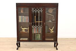 Victorian Antique Oak Leaded Glass Office or Library Triple Bookcase #42724
