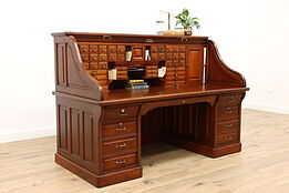Victorian Antique Mahogany Roll Top Office or Library Desk, 52 Drawers #42958