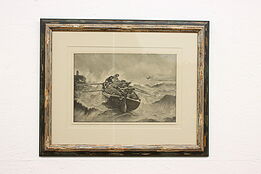 Fisherman Battling Sea Antique Original Victorian Engraving, Signed 31" #43245
