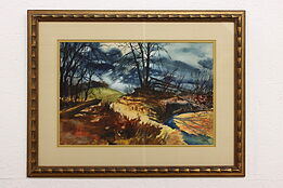 Stormy Forest Scene Vintage Original Watercolor Painting, Haeckel 29.5" #43101